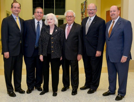 From left to right: College of Law Dean R. Alexander Acosta; Robert Spak; Rosalind Spak; Ted Spack; FIU President Mark Rosenberg; and Howard Lipman, senior vice president of FIU advancement