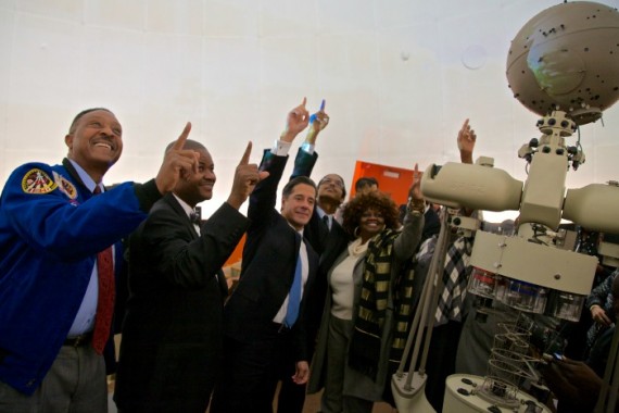 From left to right: Former NASA astronaut Winston Scott, Booker T. Washington Principal William Aristide and Miami-Dade County Schools Superintendent Alberto Carvalho celebrate the re-opening of the high school’s planetarium.