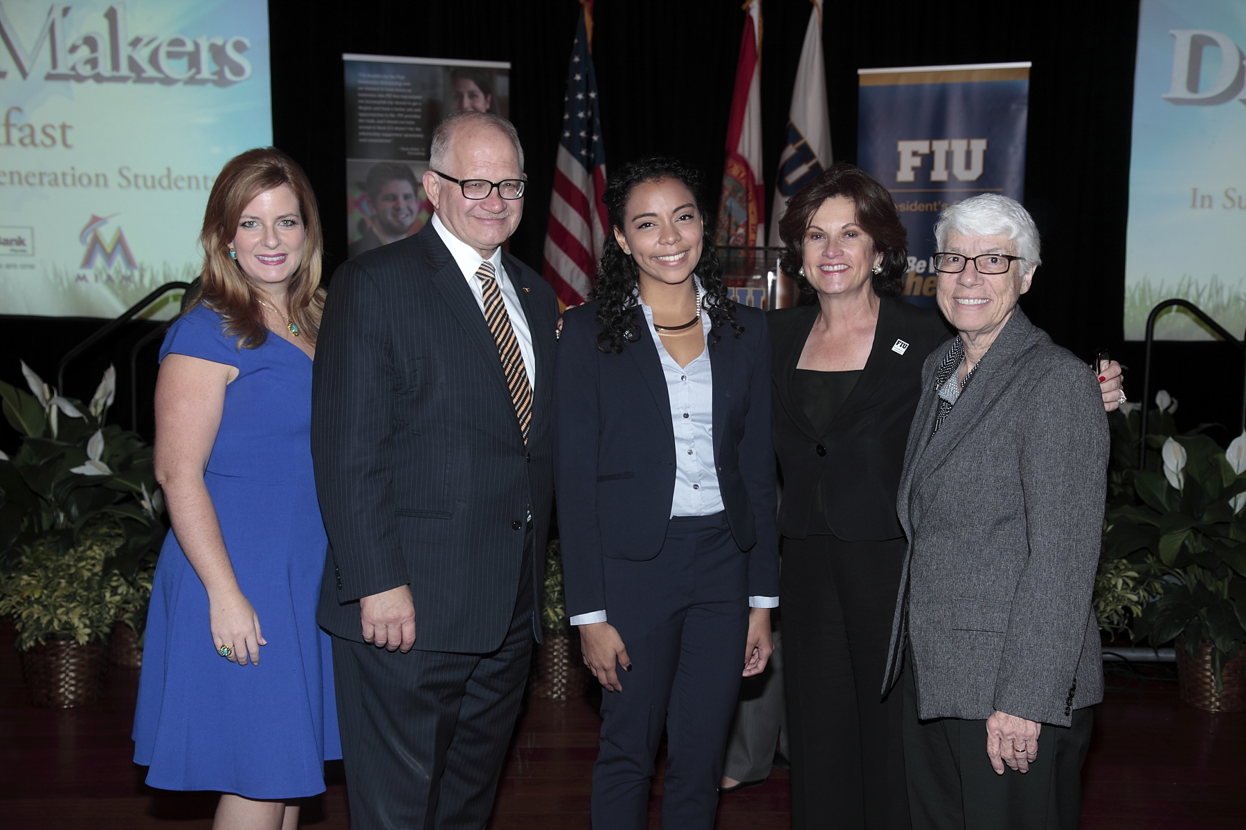 Lourdes “Luly” Balepogi, chair-elect of the President’s Council and chair of the First Generation Task Force, right; with FIU President Mark B. Rosenberg; Bianca Ordoñez, the event’s main student speaker; Mary Hoelle, chair of the President’s Council; and Lesley Northup, FIU Honors College Dean.